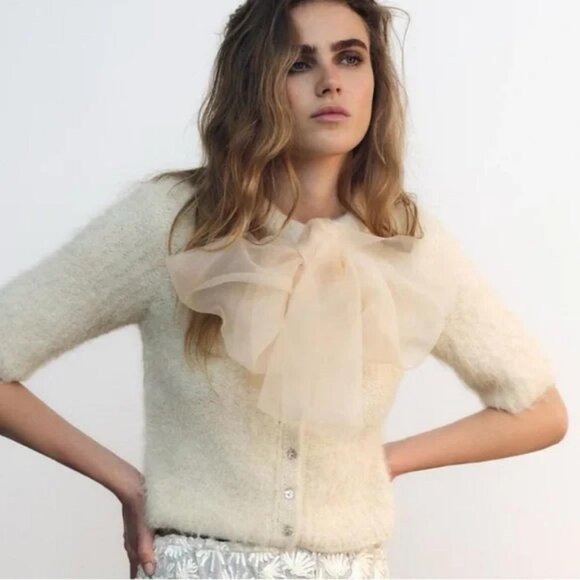 ZARA ORGANZA BOW KNIT SWEATER - Picture 1 of 6